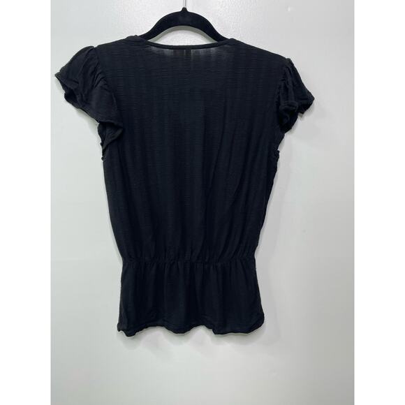Japna Ruffled Short Cap Sleeve V Neck Peplum Blouse Pullover Black Women's Small - Picture 2 of 7
